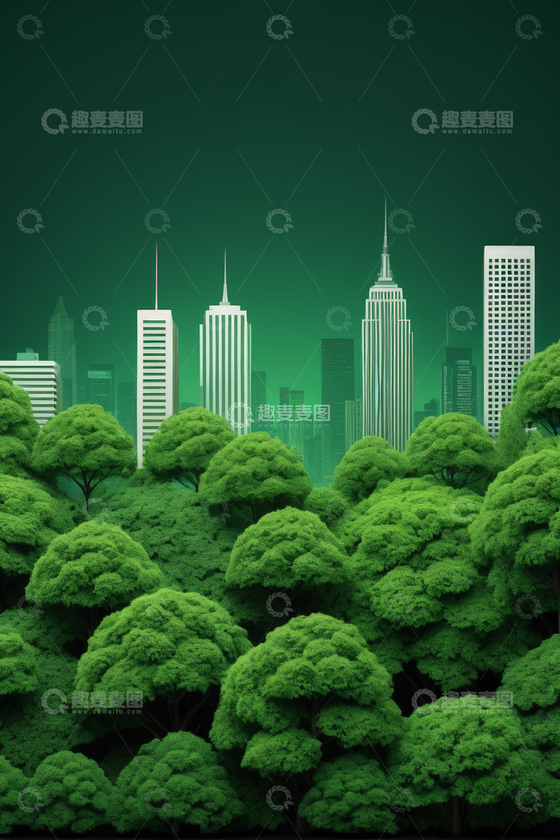 高清大图下载【趣麦麦图】城市森林景观绿色插画
