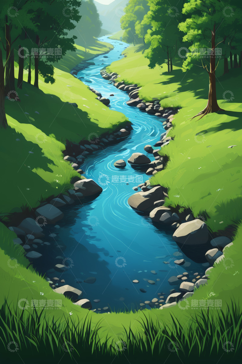 高清大图下载【趣麦麦图】森林中蜿蜒流淌的清澈小溪