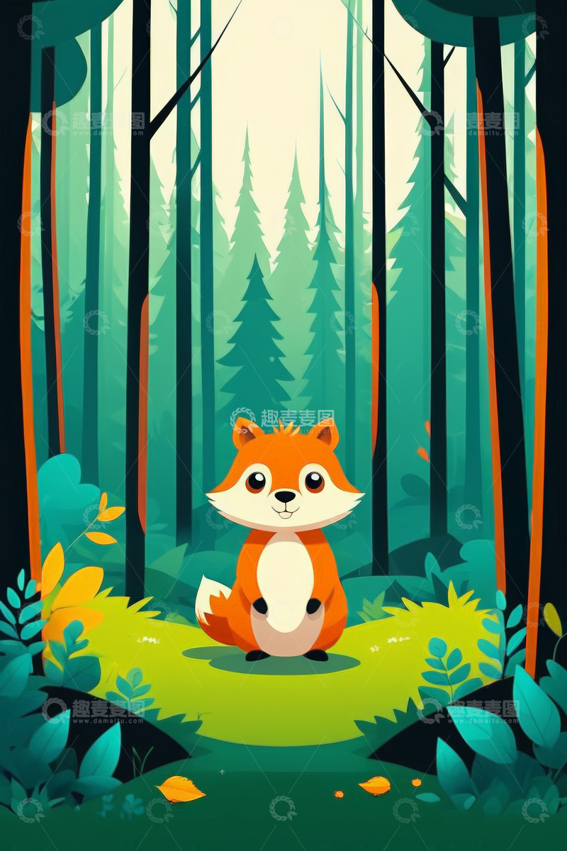 高清大图下载【趣麦麦图】森林中的卡通狐狸形象