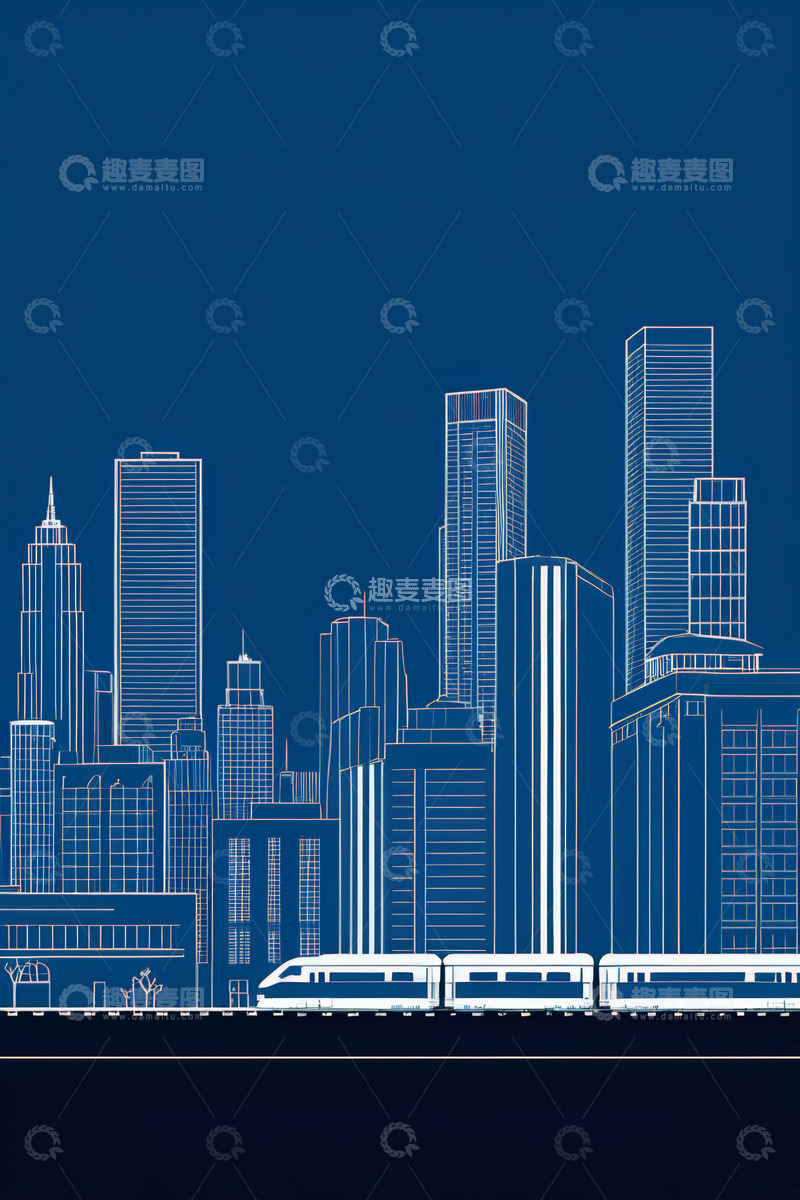 高清大图下载【趣麦麦图】-城市建筑与高铁线条插画