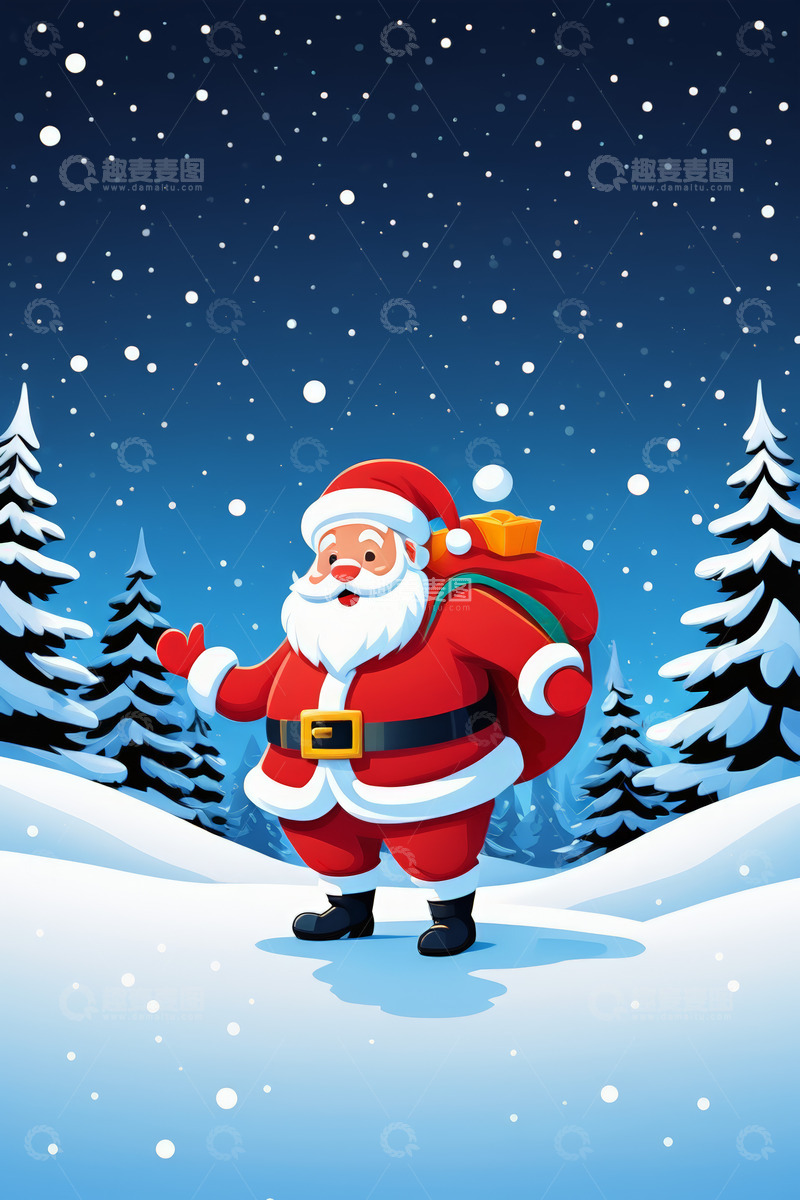 高清大图下载【趣麦麦图】圣诞老人雪地中背礼物袋