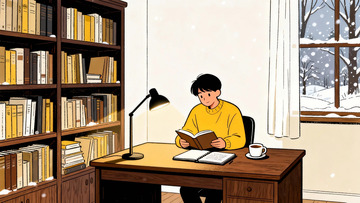 插画风冬季书房阅读场景