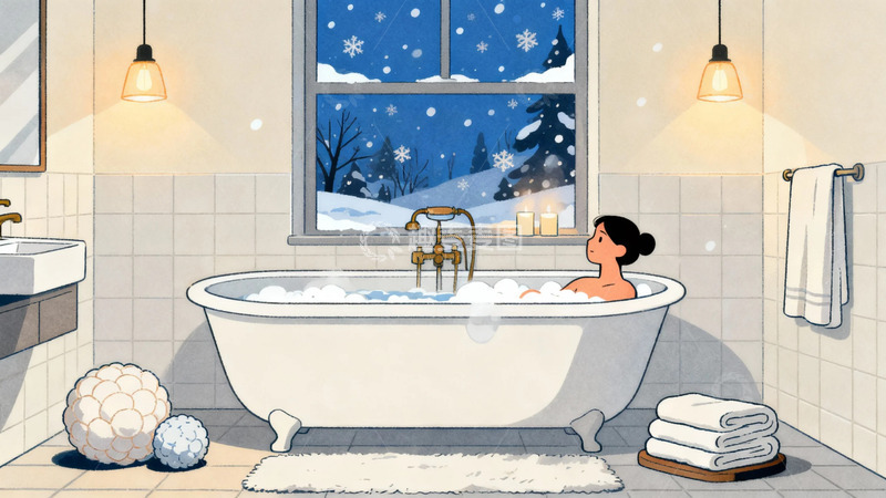 高清大图下载【趣麦麦图】温馨冬日泡澡插画
