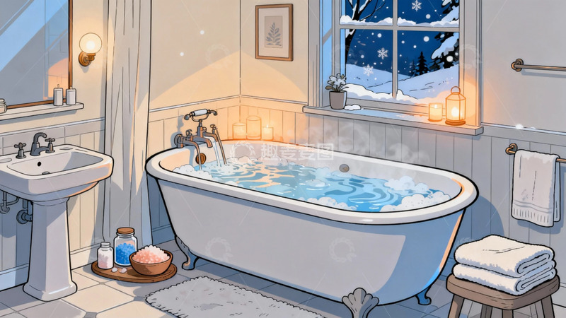 高清大图下载【趣麦麦图】温馨冬日浴室插画