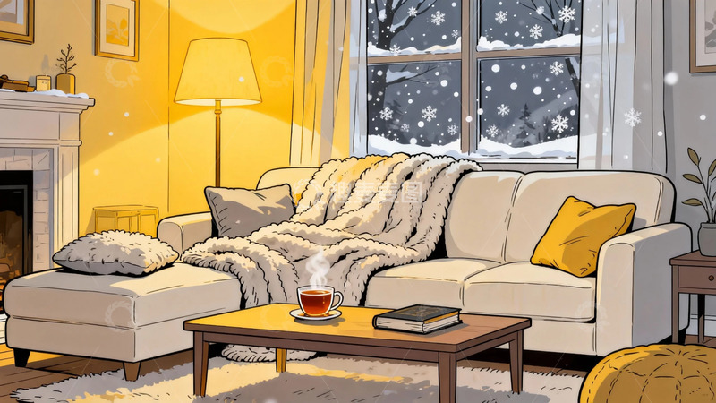 高清大图下载【趣麦麦图】温馨冬日客厅插画