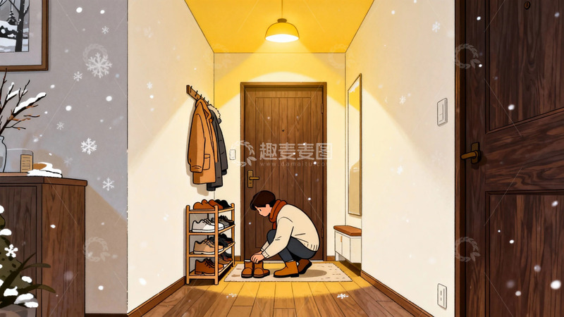 高清大图下载【趣麦麦图】冬日家居玄关整理插画