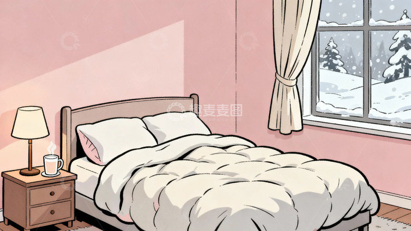 高清大图下载【趣麦麦图】温馨卧室冬日雪景卡通插画