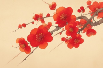 手绘绽放的水墨红梅