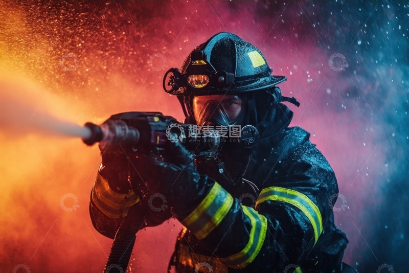 高清大图下载【趣麦麦图】拿着水枪灭火的消防员