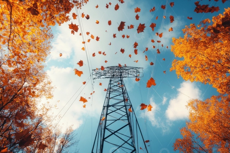高清大图下载【趣麦麦图】秋季电线塔建筑落叶