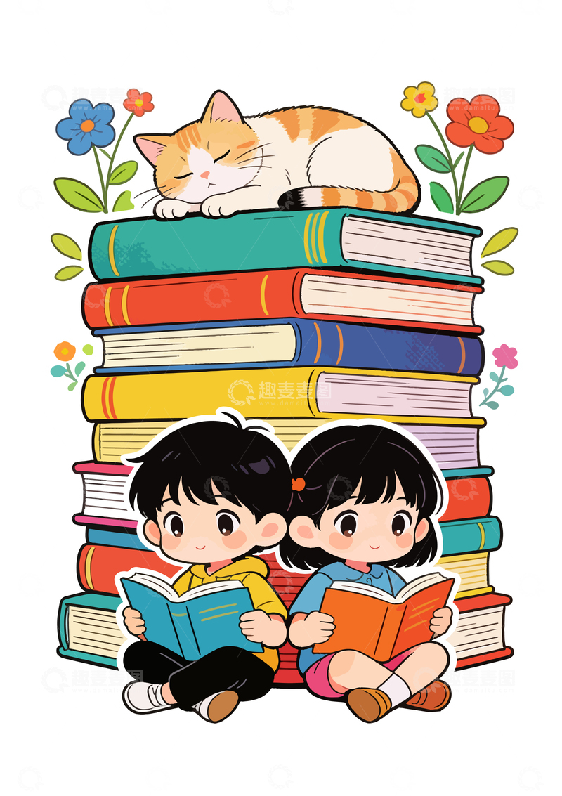 源文件下载【趣麦麦图】-卡通儿童读书猫咪插画