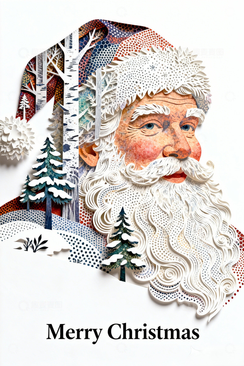 高清大图下载【趣麦麦图】剪纸风圣诞老人森林祝福