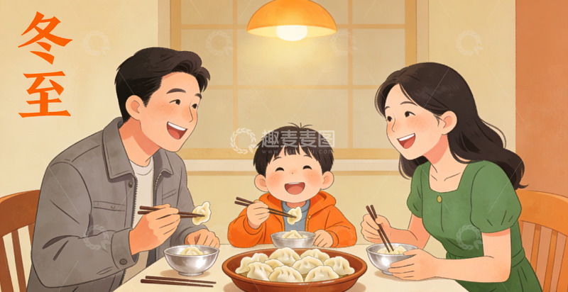 高清大图下载【趣麦麦图】冬至家庭饺子插画
