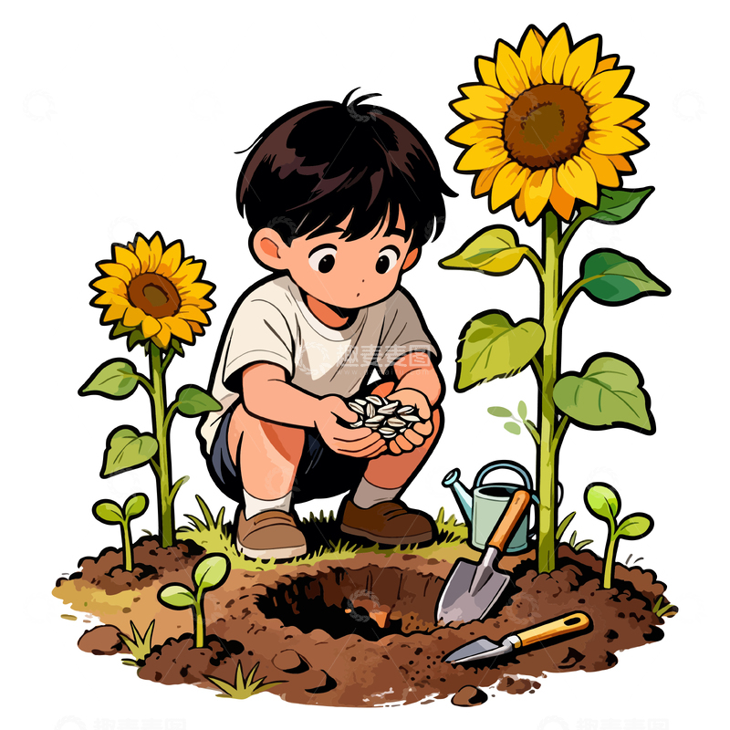 源文件下载【趣麦麦图】卡通男孩种植向日葵插画