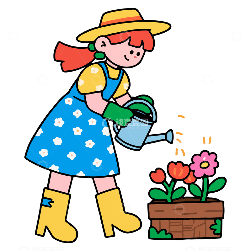 源文件下载【趣麦麦图】卡通园艺女浇水插画