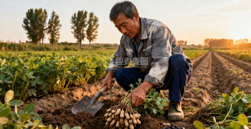 高清大图下载【趣麦麦图】农田劳作大叔农民收获花生