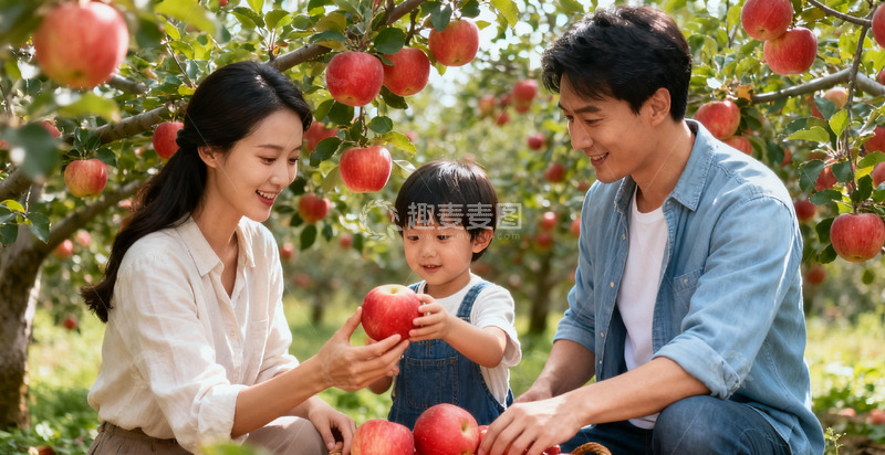 高清大图下载【趣麦麦图】苹果园家庭采摘欢乐时光