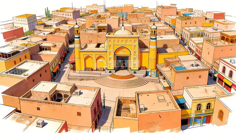 高清大图下载【趣麦麦图】-新疆喀什古城全城