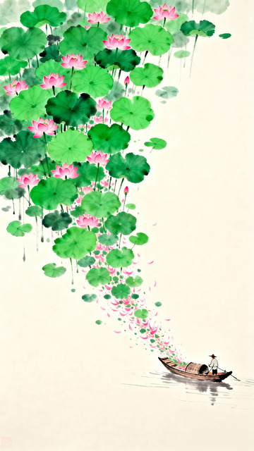 水墨风荷花小船国画装饰画