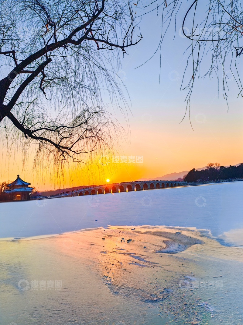 高清大图下载【趣麦麦图】冬日夕阳石桥雪景