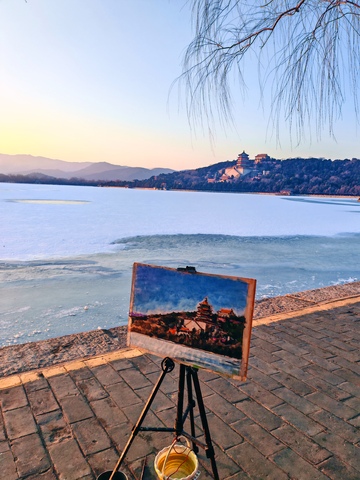 湖边风景油画写生