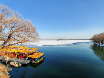 冬日湖畔游船风光