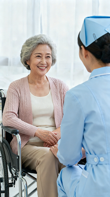 医护护工护理关怀老年女性交谈场景