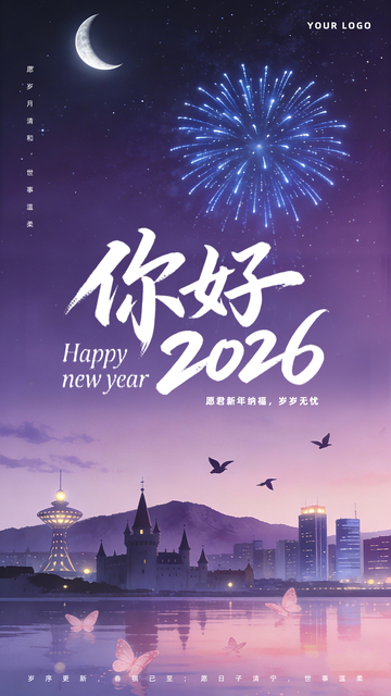 你好2026唯美烟花新年祝福海报设计