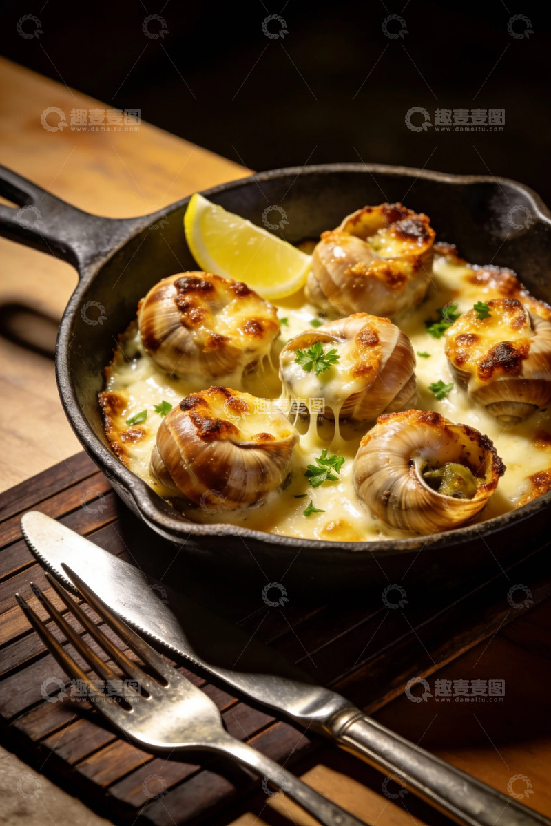 高清大图下载【趣麦麦图】铁铲烤蜗牛美食摄影