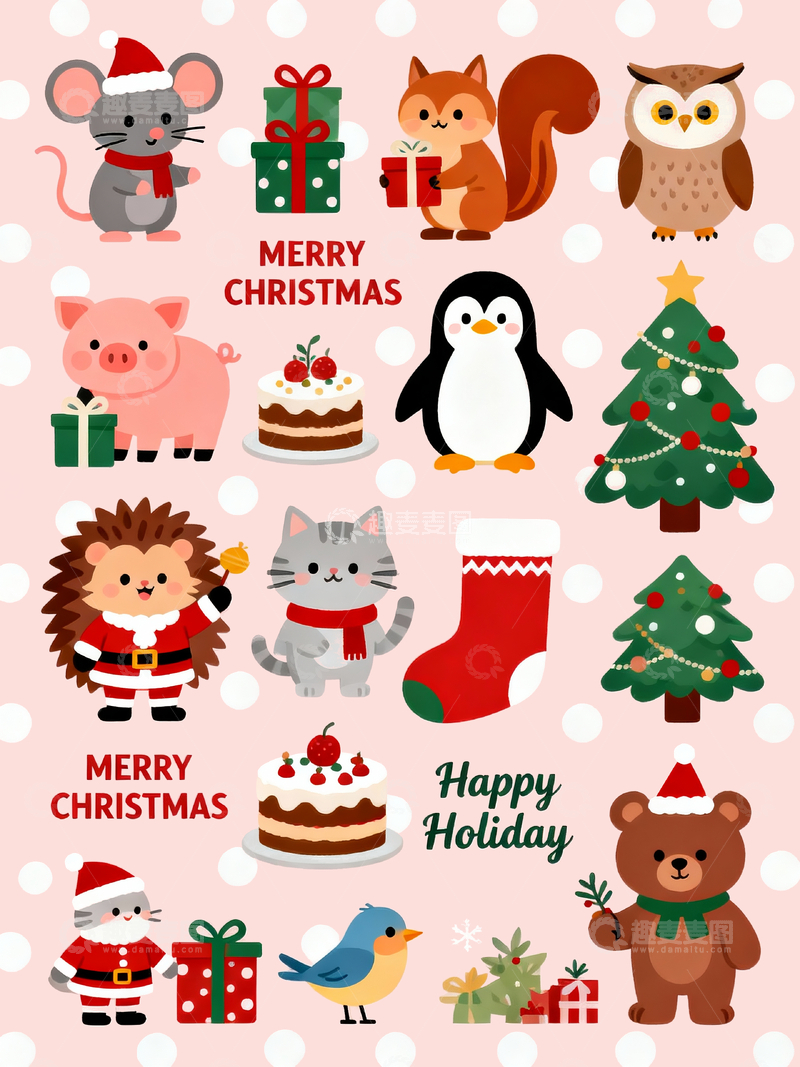 源文件下载【趣麦麦图】圣诞主题动物插画集合3