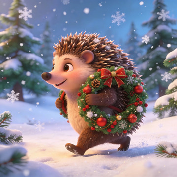 卡通刺猬圣诞花环雪景