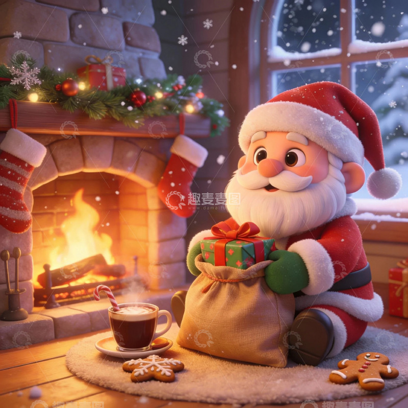 高清大图下载【趣麦麦图】圣诞夜温馨场景卡通插画