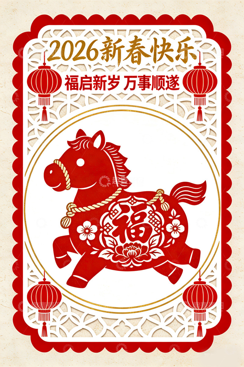 高清大图下载【趣麦麦图】新春马年剪纸艺术祝福贺卡