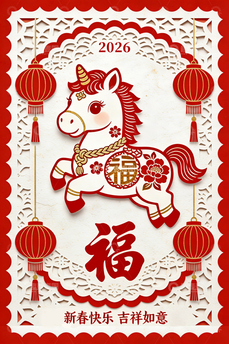 高清大图下载【趣麦麦图】2026年生肖马新春贺卡