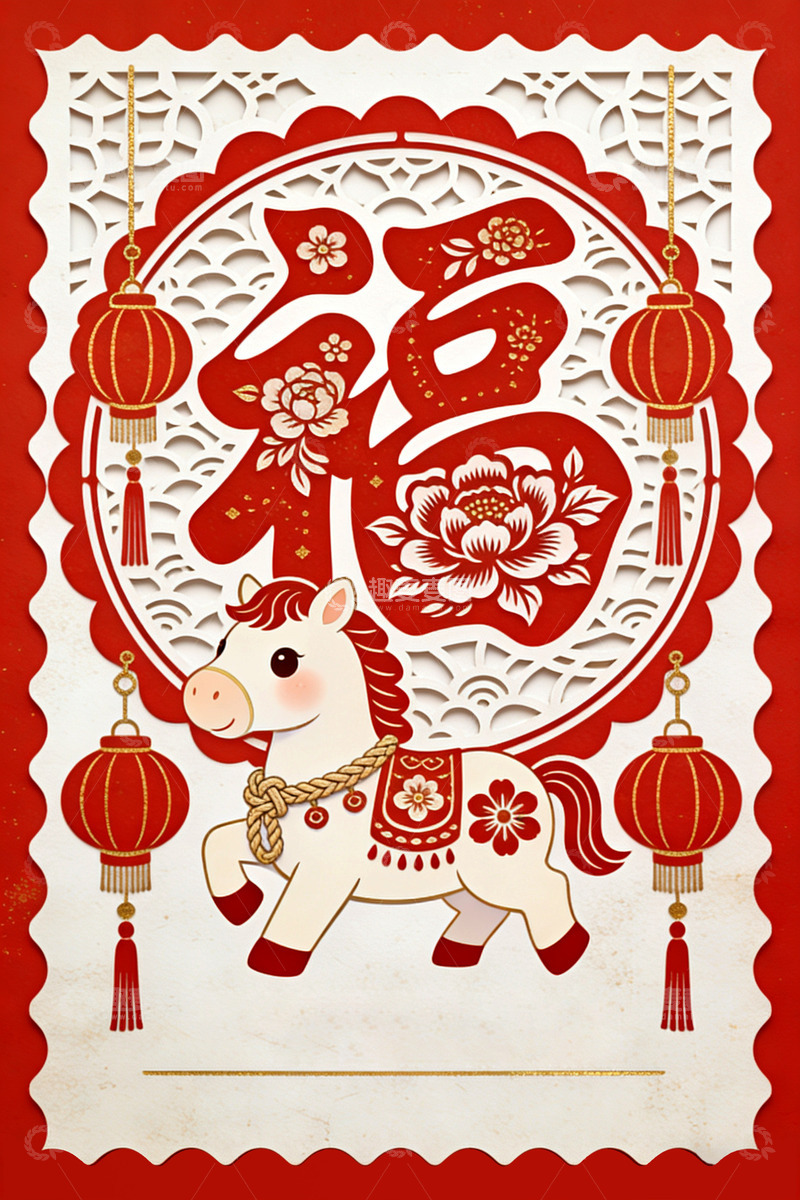 高清大图下载【趣麦麦图】新春马年剪纸艺术贺卡设计