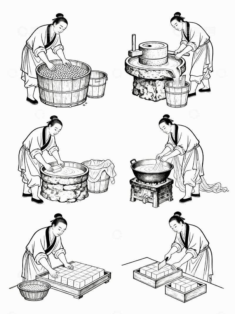 源文件下载【趣麦麦图】-白描风格豆腐制作过程1