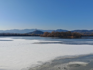 冬日湖面雪山远山