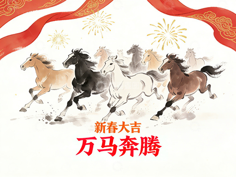 高清大图下载【趣麦麦图】新春马群奔腾喜庆海报