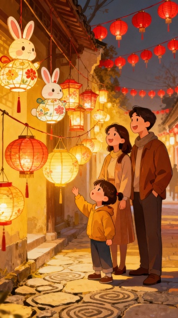卡通手绘看花灯的一家人
