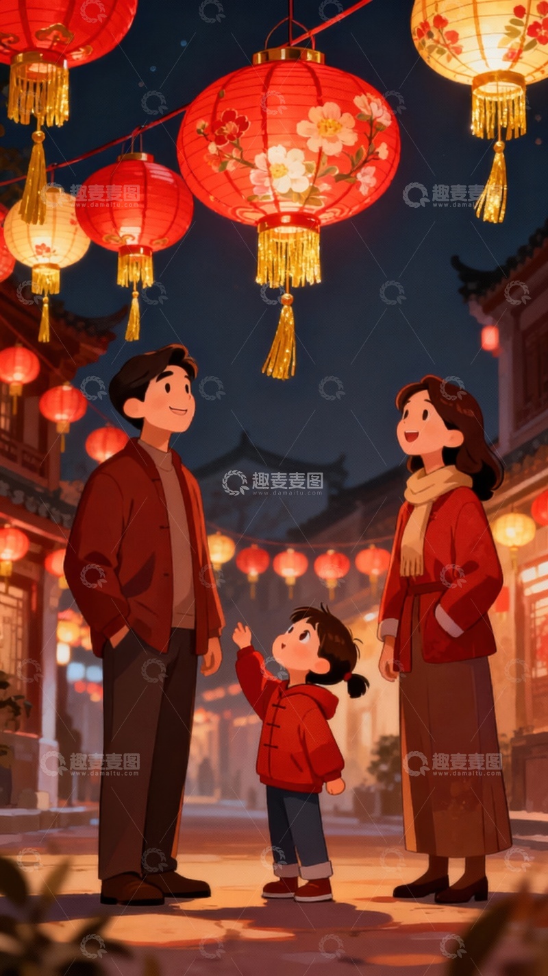 高清大图下载【趣麦麦图】新年看花灯的一家人