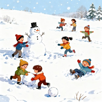 雪地里打雪仗的一群小孩