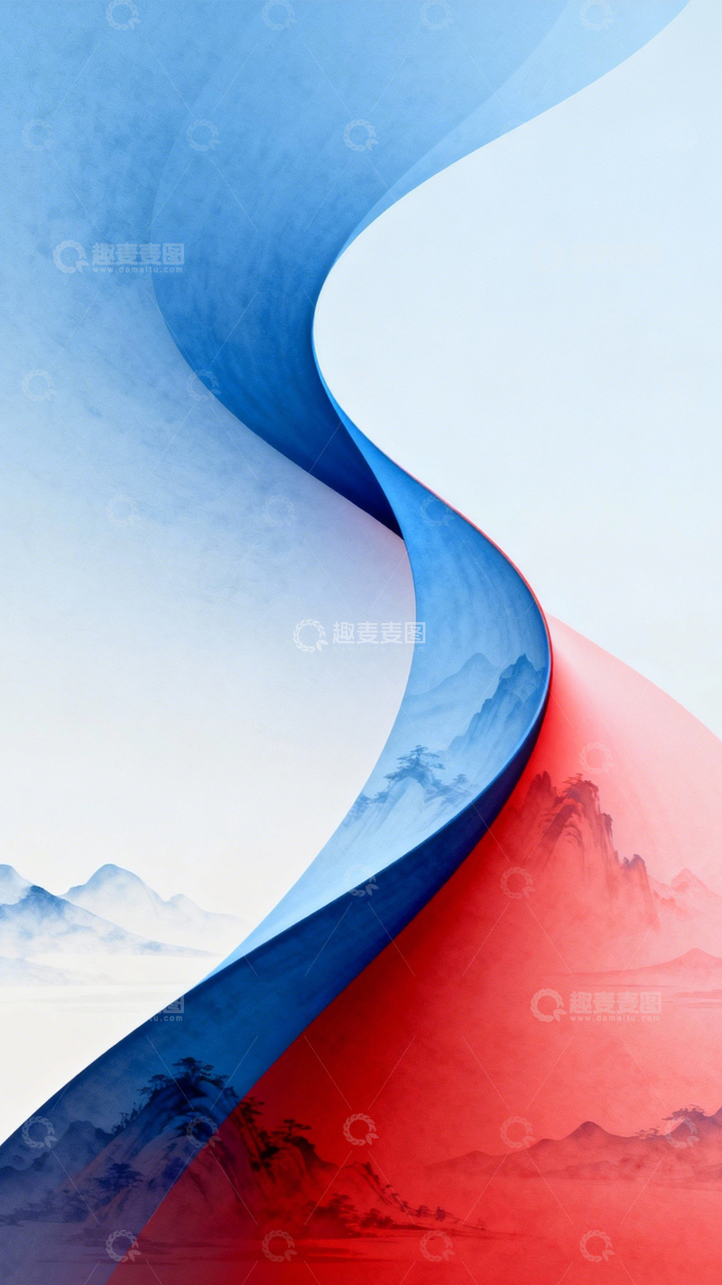 高清大图下载【趣麦麦图】红蓝曲线国风诗意2