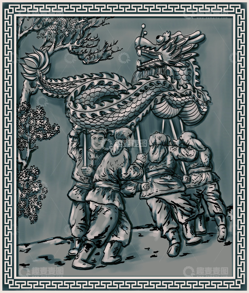 源文件下载【趣麦麦图】-陕北民俗文化浮雕-舞龙