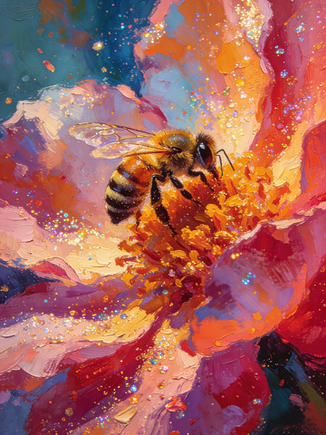 色彩斑斓蜜蜂花卉油画