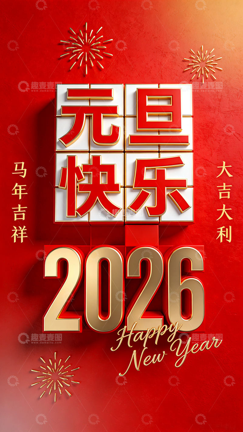 高清大图下载【趣麦麦图】红色喜庆2026新年贺卡设计