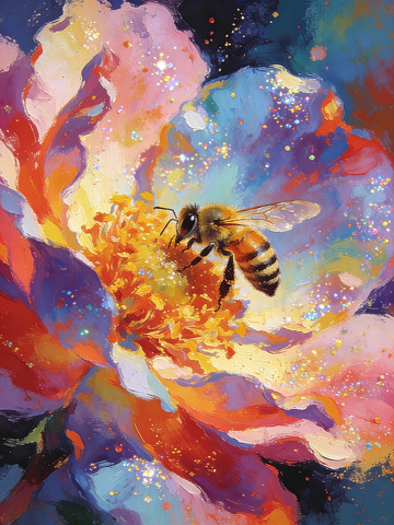 色彩斑斓蜜蜂采花油画