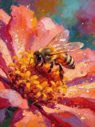 油画风蜜蜂采花绘画艺术图片