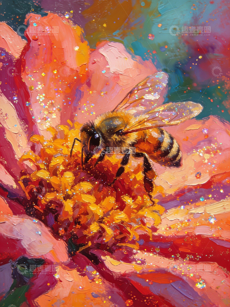 高清大图下载【趣麦麦图】油画风蜜蜂采花绘画艺术图片