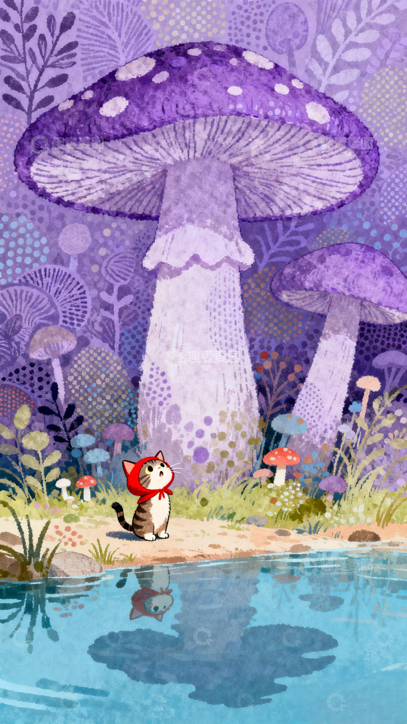 高清大图下载【趣麦麦图】梦幻森林猫咪插画