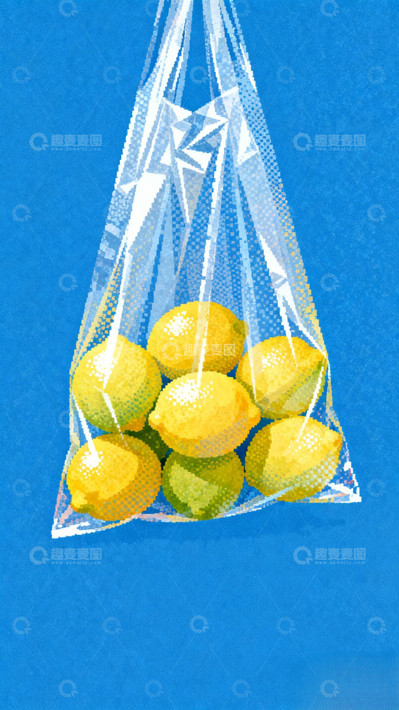 高清大图下载【趣麦麦图】蓝底柠檬网袋插画
